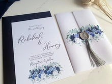 Load image into Gallery viewer, Personalised Vellum Wrap Wedding Invitation - Blue Floral Design
