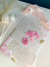 Load image into Gallery viewer, Personalised Acrylic Wedding Invitation - Pink Rose Floral Design