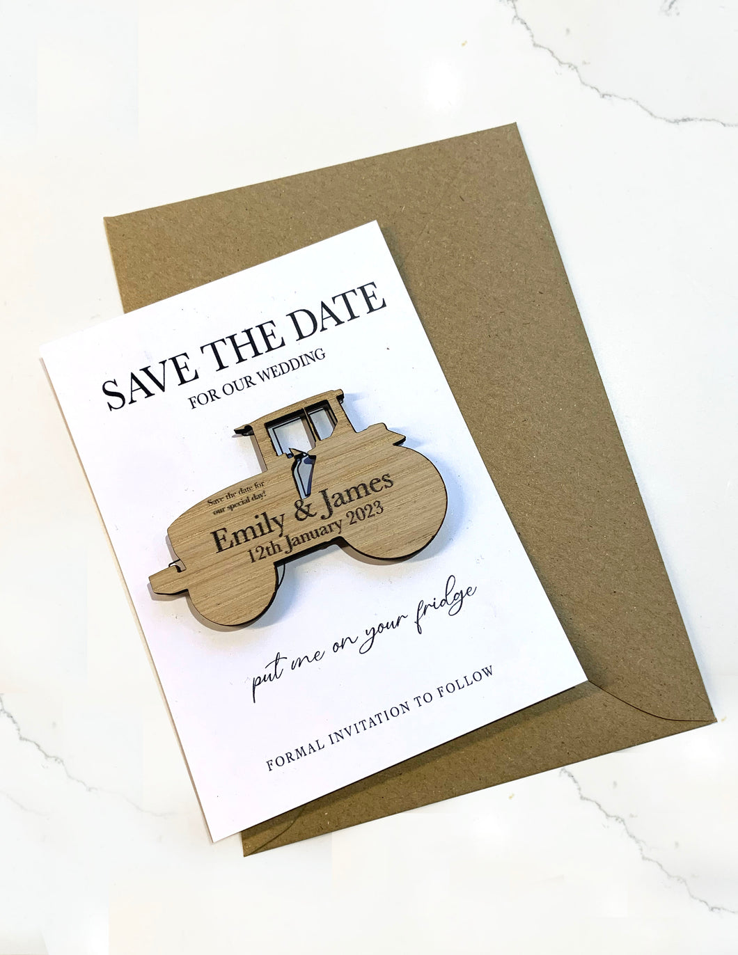 Luxury Wooden Wedding Save The Date Magnet - Tractor Shape