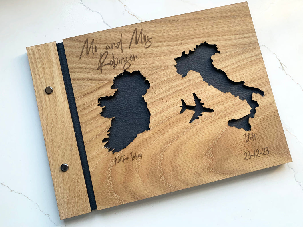 Wooden Guest Book With Cut Out Countries and Engraved Lettering