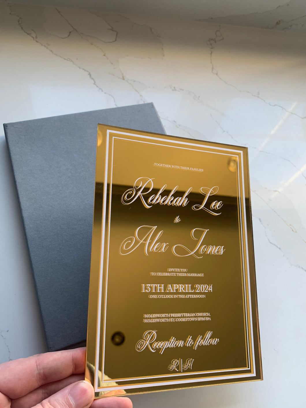 Personalised Acrylic Wedding Invitation - Gold Mirror
