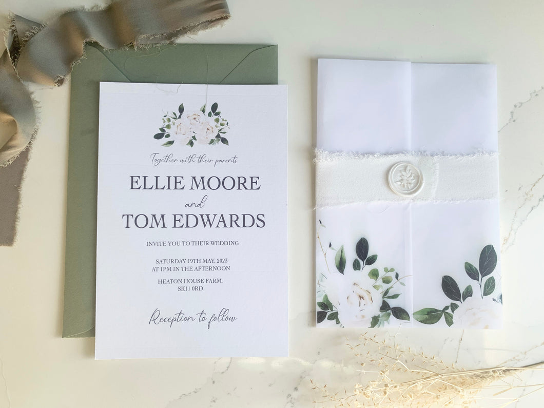 Personalised Vellum Wrap Wedding Invitation - White Rose Floral Design