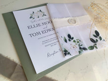 Load image into Gallery viewer, Personalised Vellum Wrap Wedding Invitation - White Rose Floral Design
