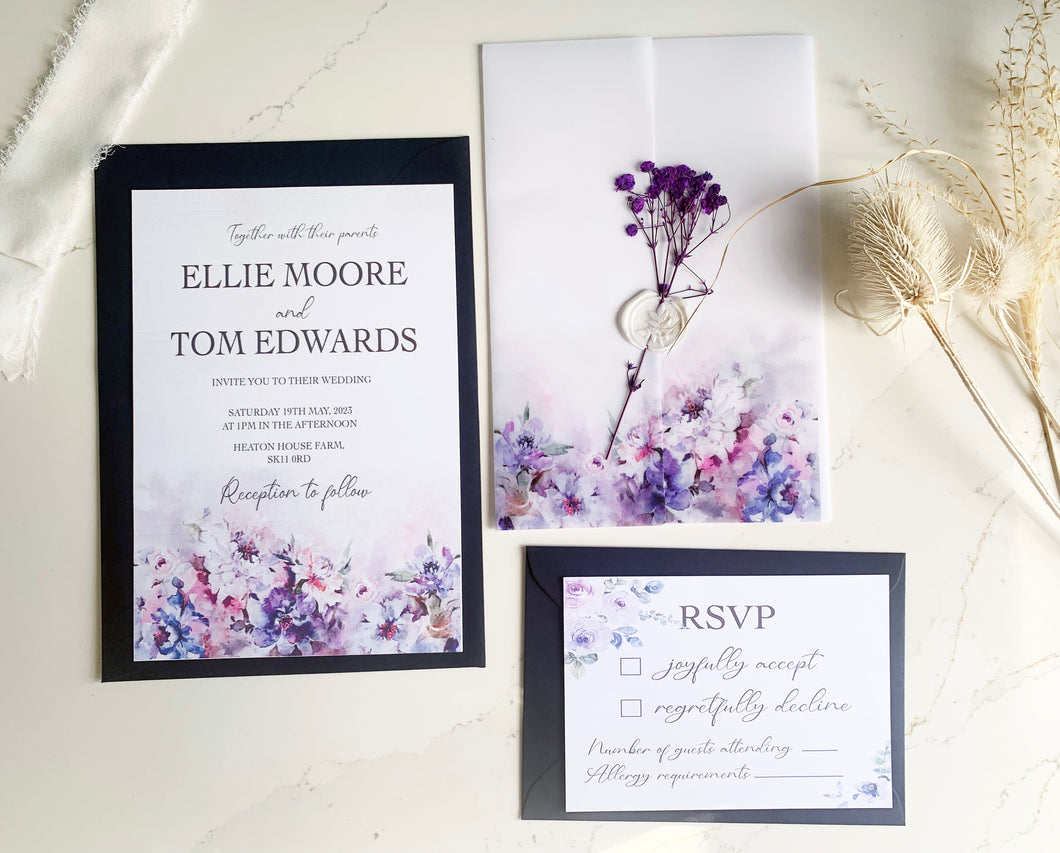 Personalised Vellum Wrap Wedding Invitation - Lavender Floral Design