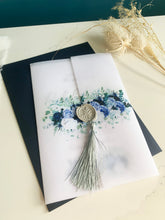 Load image into Gallery viewer, Personalised Vellum Wrap Wedding Invitation - Blue Floral Design
