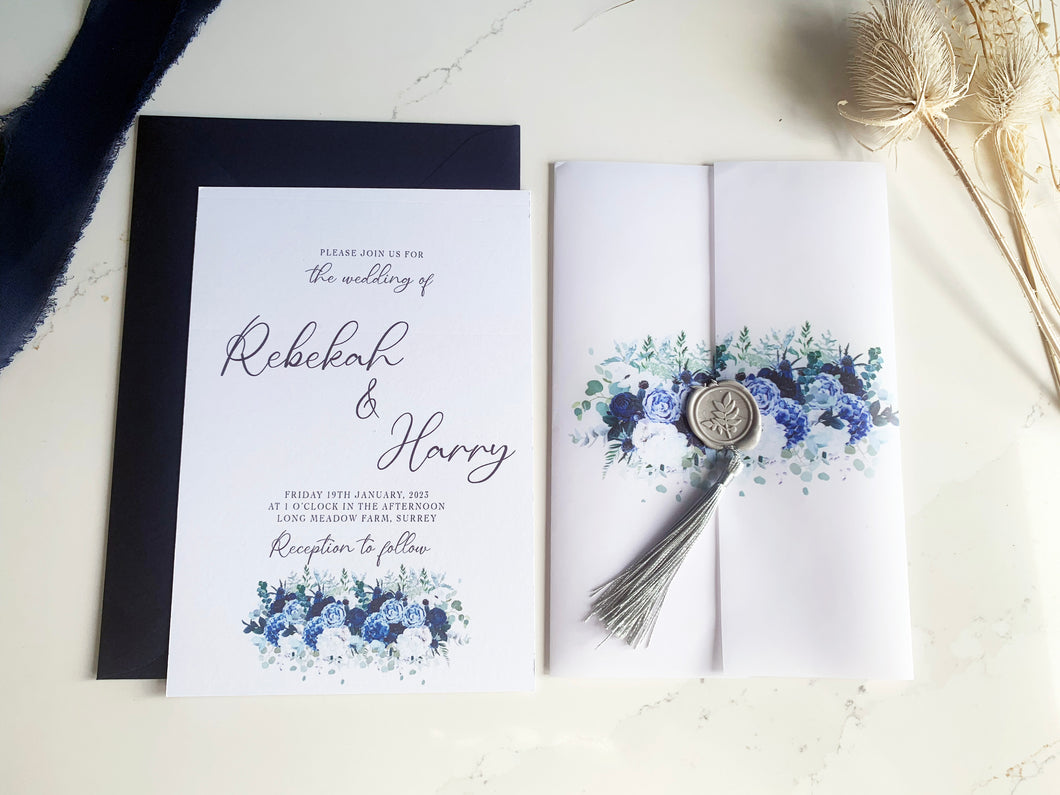 Personalised Vellum Wrap Wedding Invitation - Blue Floral Design