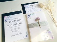 Load image into Gallery viewer, Personalised Vellum Wrap Wedding Invitation - Purple Floral Design
