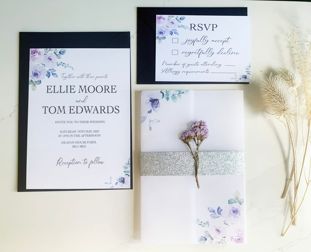 Personalised Vellum Wrap Wedding Invitation - Purple Floral Design