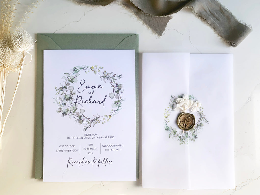 Personalised Vellum Wrap Wedding Invitation - Eucalyptus Design