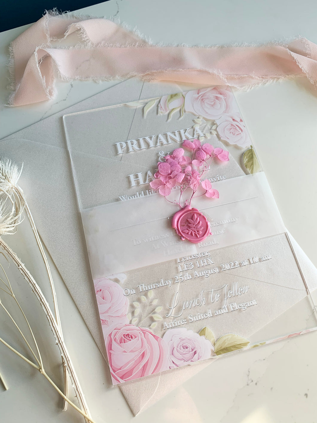 Personalised Acrylic Wedding Invitation - Pink Rose Floral Design