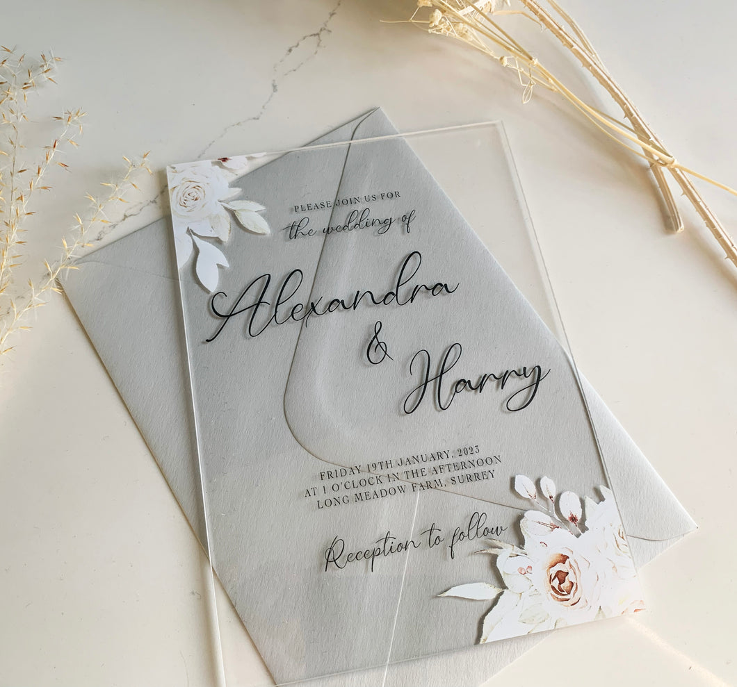 Personalised Acrylic Wedding Invitation - Floral Design