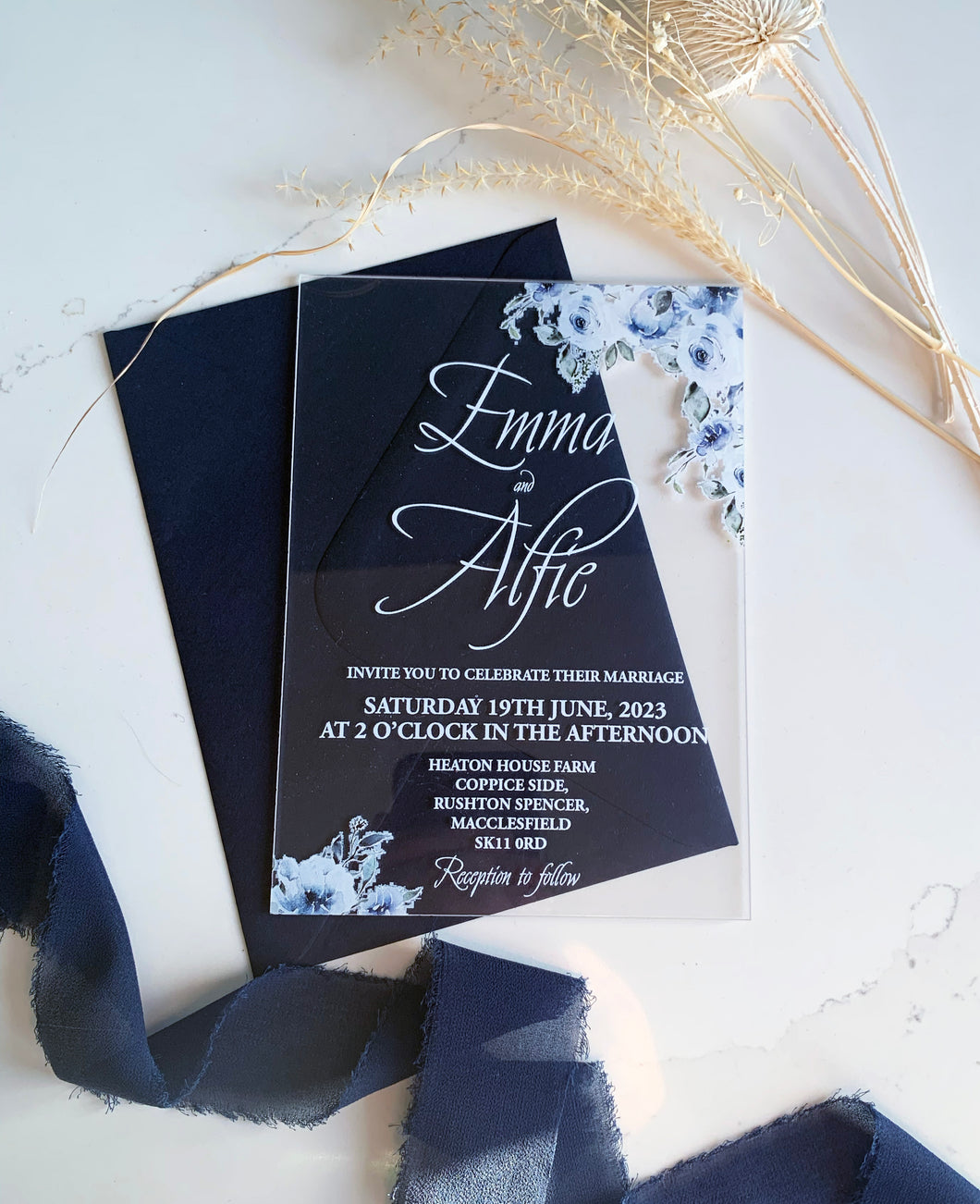 Personalised Acrylic Wedding Invitation - Blue Floral Design