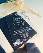 Load image into Gallery viewer, Personalised Acrylic Wedding Invitation - Blue Floral Design
