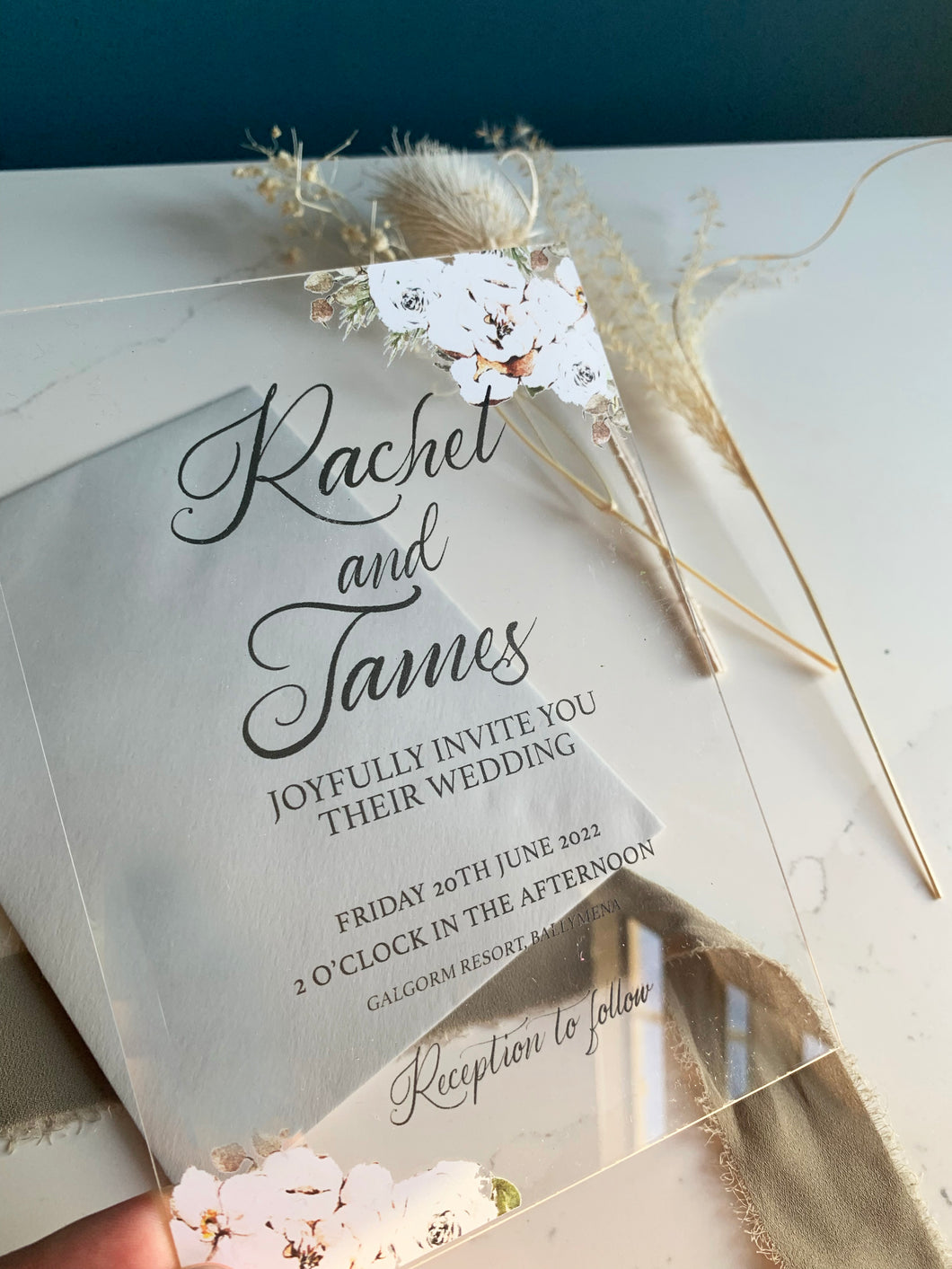 Personalised Acrylic Wedding Invitation - Champagne Floral Design