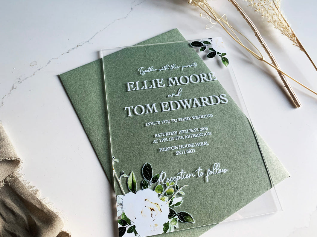 Personalised Acrylic Wedding Invitation - White Rose Floral Design