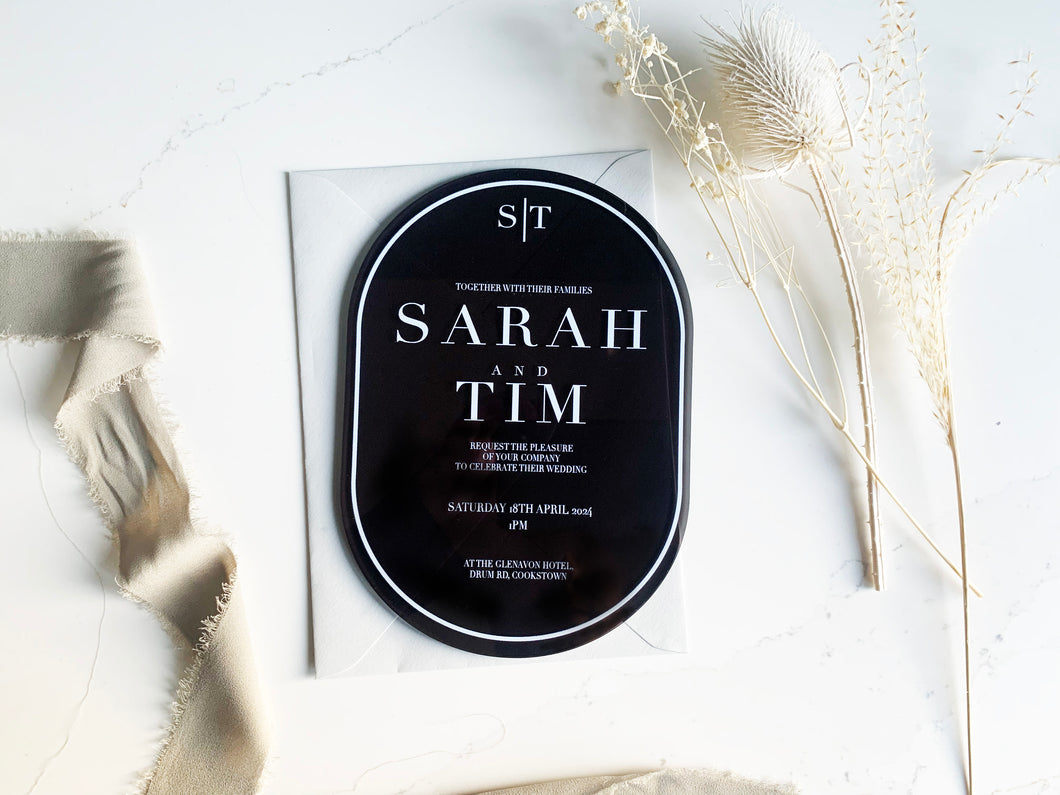 Oval Personalised Acrylic Wedding Invitation - Black