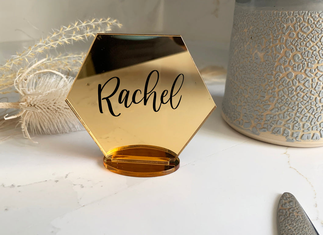 Personalised Acrylic Place Name Hexagon Shape Freestanding - Black Script Text