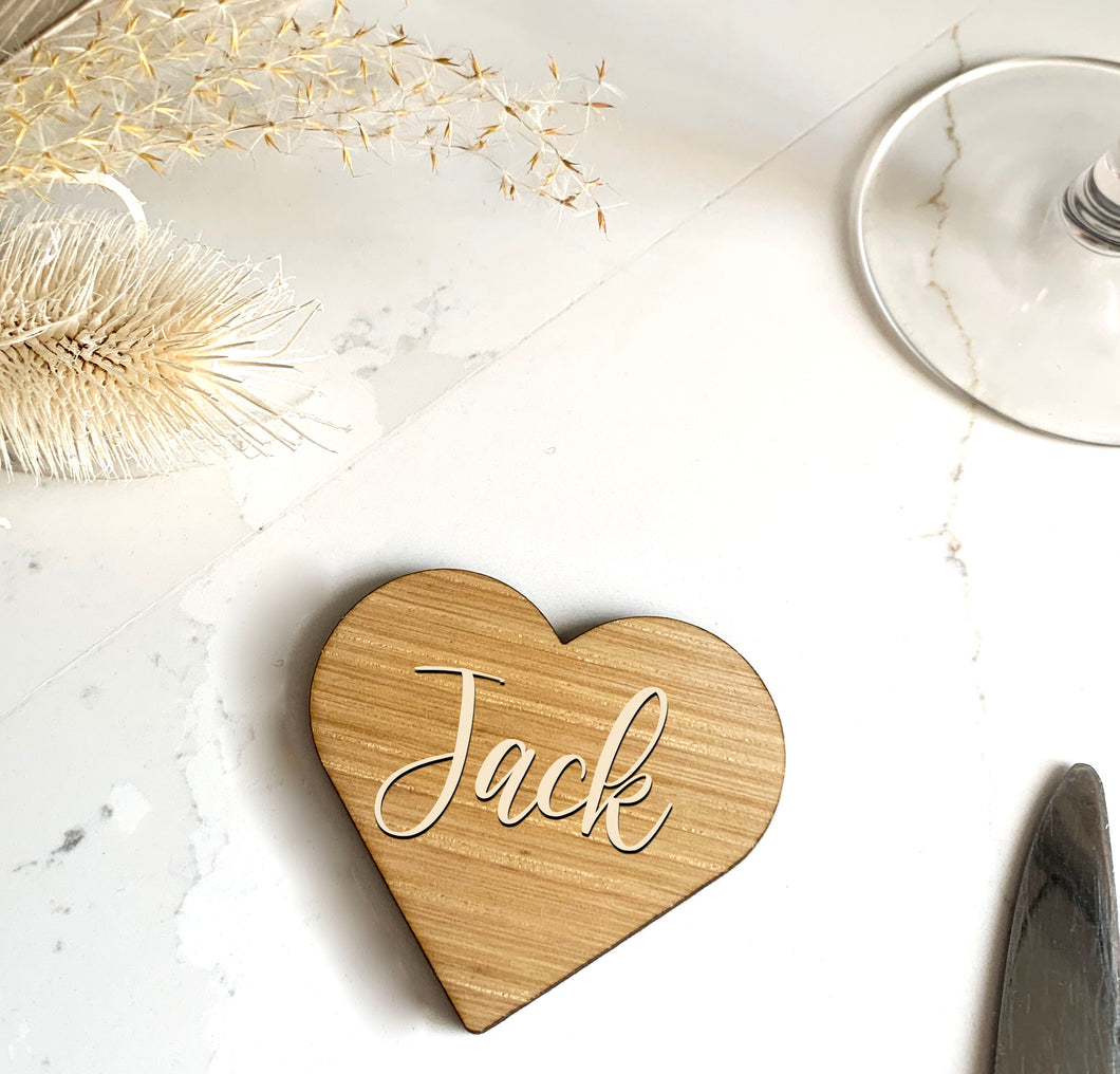 Personalised Wooden Place Name Heart Shaped - Champagne Coloured Script Text