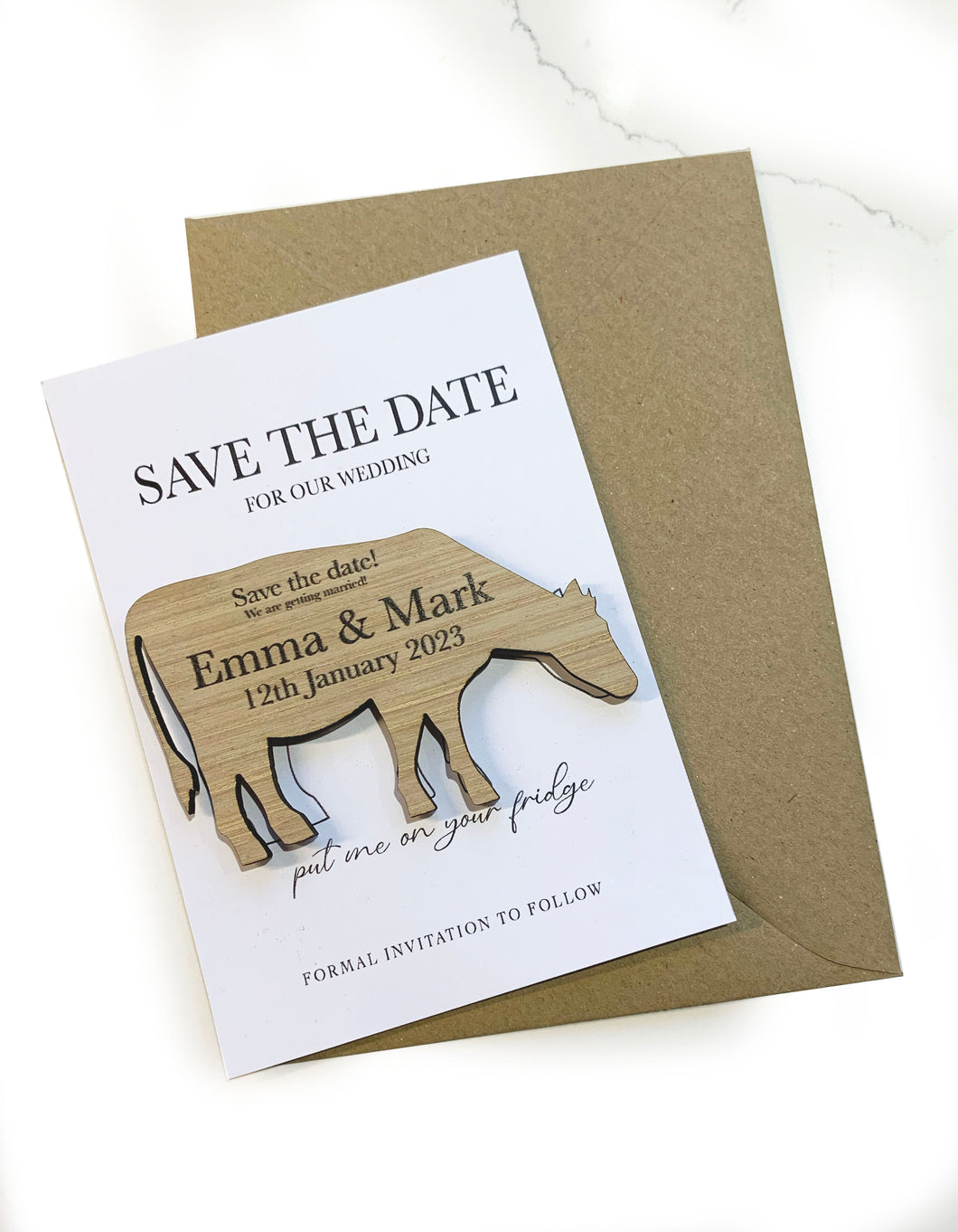 Personalised Wooden Wedding Save The Date Magnet - Cow Shape