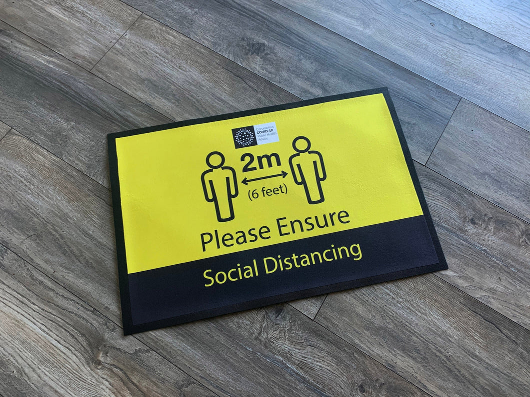 Social Distancing COVID-19 Floor Mat Work Protective Safety Rubber Back Yellow 60cm x 40cm Machine Washable