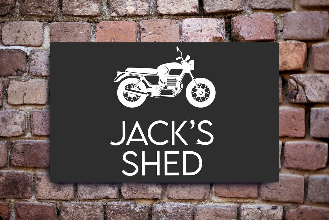 Personalised Garden Shed Sign With Motorbike, Man Cave, Metal, Outdoor / Indoor, 30cm x 20cm, Personalised Sign Custom