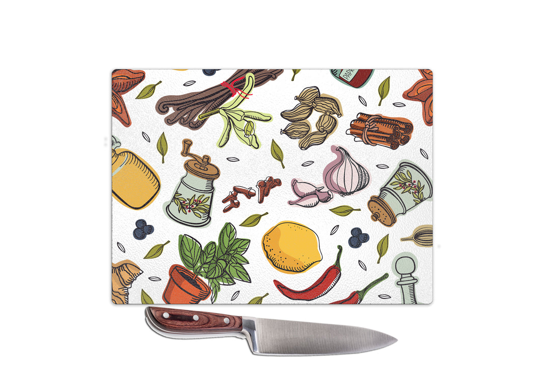 Glass Worktop Saver Chopping Board Kitchen Pattern Chilli Fruit Design Printed in The UK