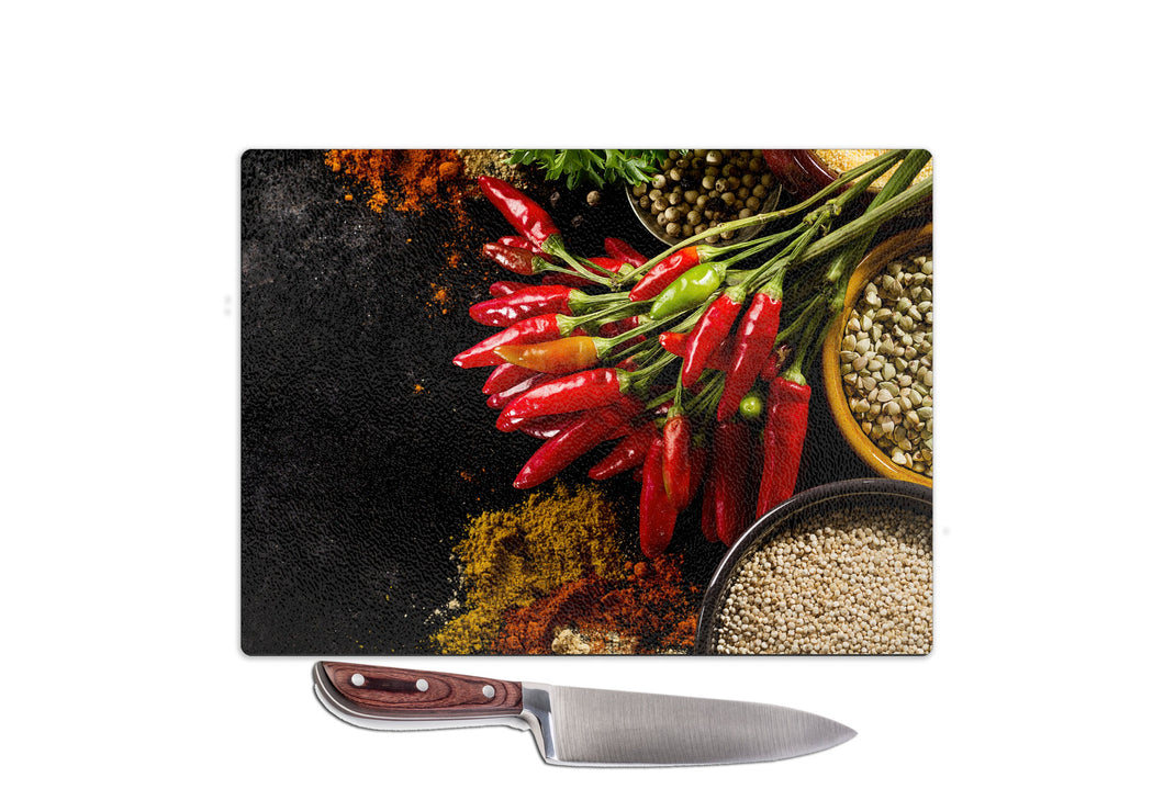 Glass Worktop Saver Chopping Board Chilli Pattern Food Cooking Design Printed in The UK