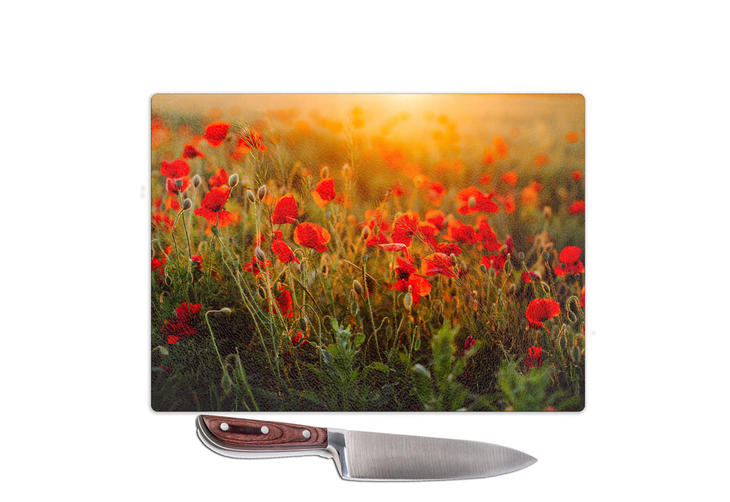 Glass Worktop Saver Chopping Board Poppies Pattern Food Cooking Design Printed in The UK