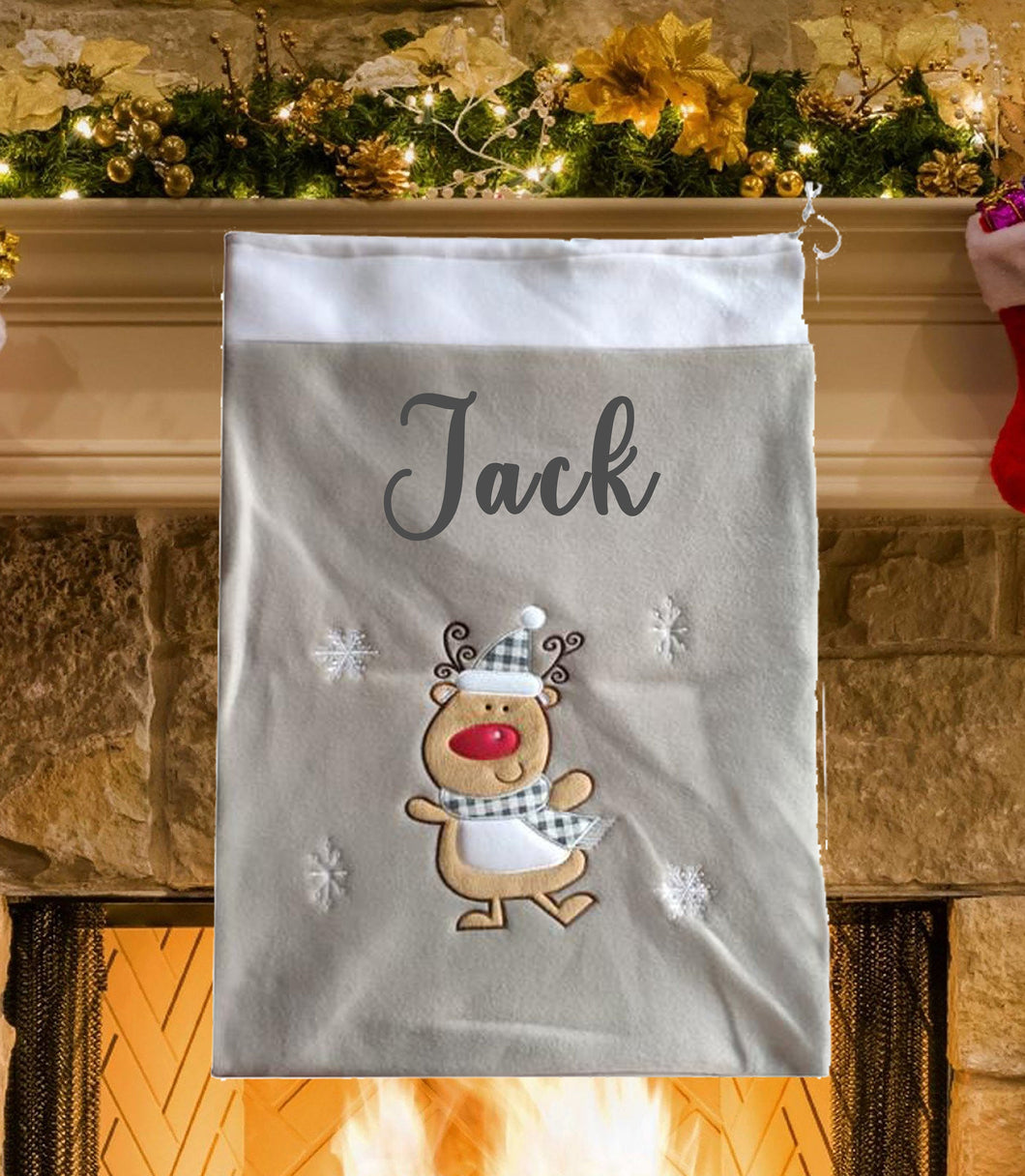 Personalised Reindeer Deer Rudolph Christmas Santa Sack Grey / White Personalised Christmas Gift Day New Years Day Christmas Eve Box