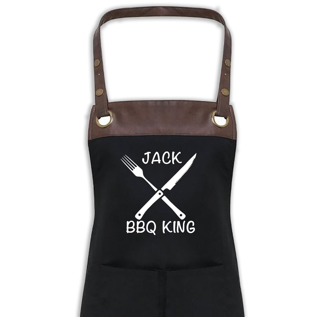 BBQ Apron with Pockets Premium Personalised Name Black Apron With Faux Leather Detail Dad, Grandad Birthday Gift UK Barbecue Apron