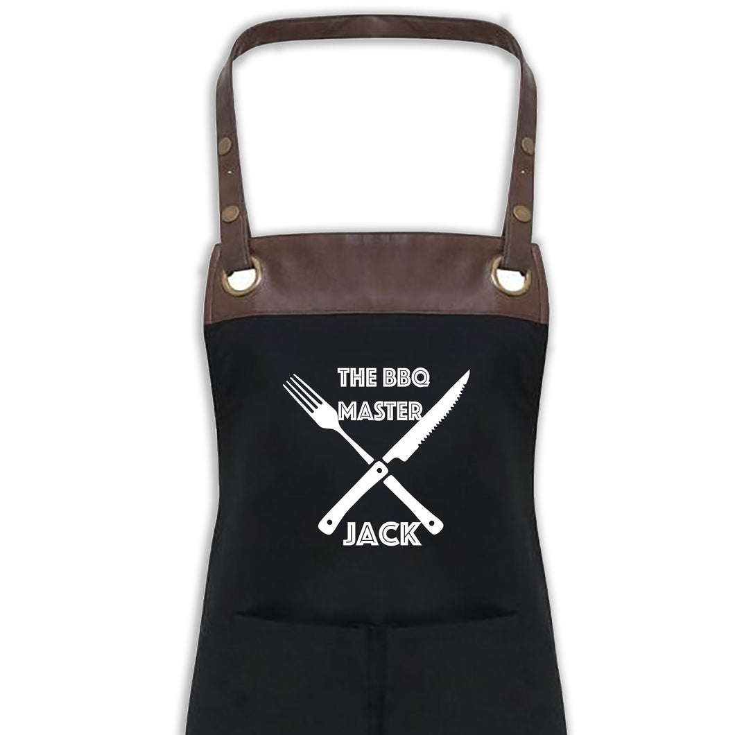 BBQ Apron with Pockets Premium Personalised Name Black Apron With Faux Leather Detail Dad, Grandad Birthday Gift UK Barbecue Apron