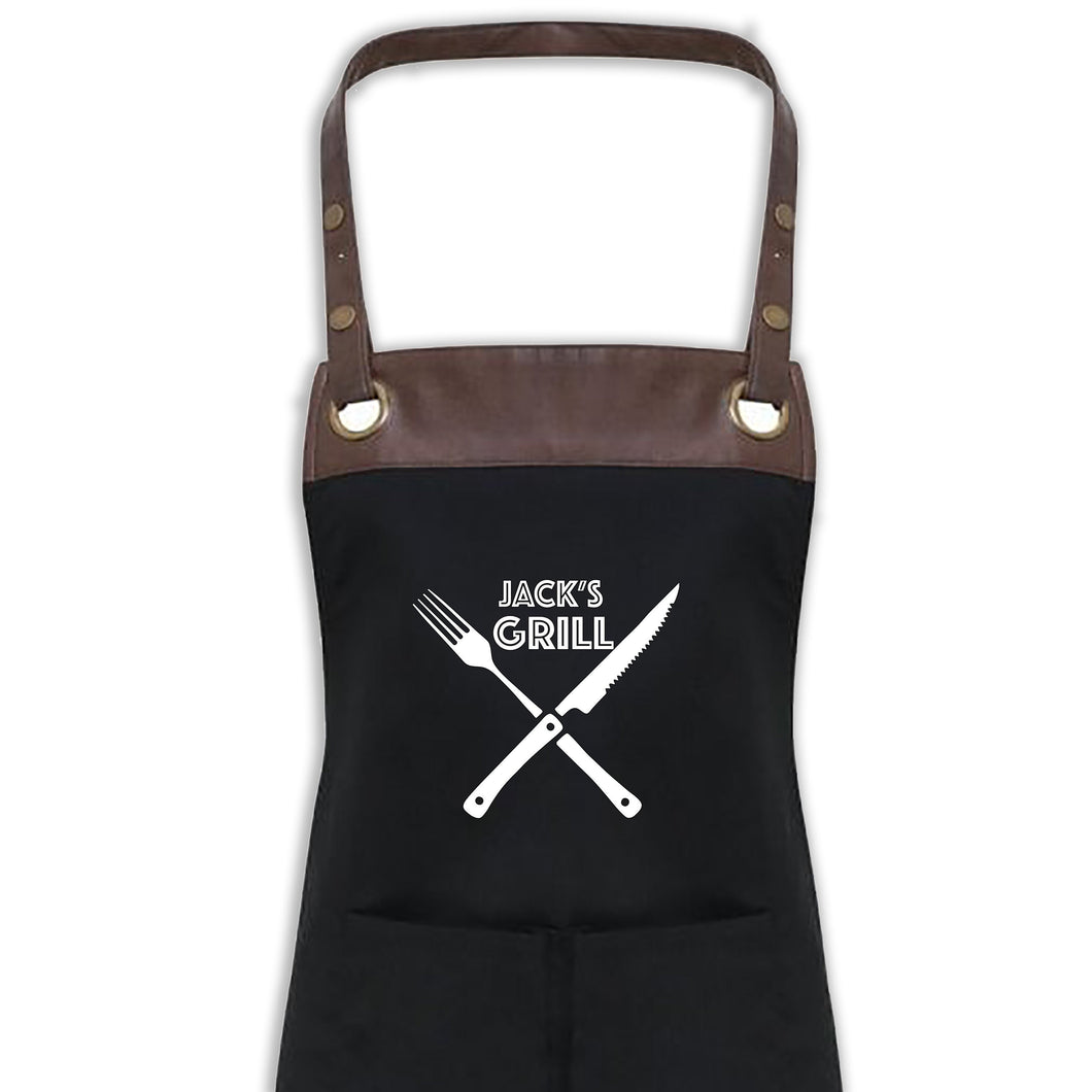 BBQ Apron with Pockets Premium Personalised Name Black Apron With Faux Leather Detail Dad, Grandad Birthday Gift UK Barbecue Apron