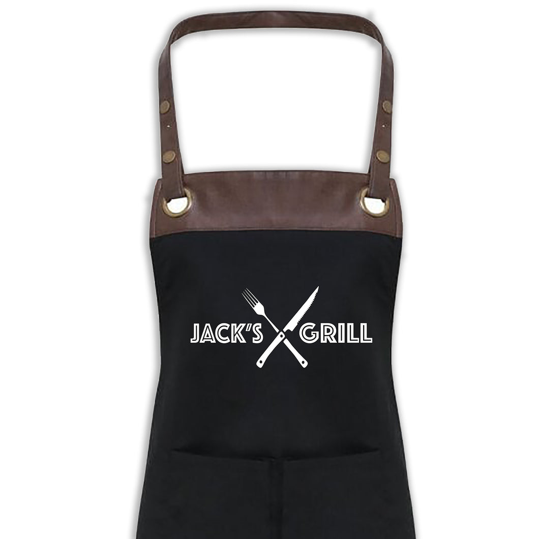 BBQ Apron with Pockets Premium Personalised Name Black Apron With Faux Leather Detail Dad, Grandad Birthday Gift UK Barbecue Apron