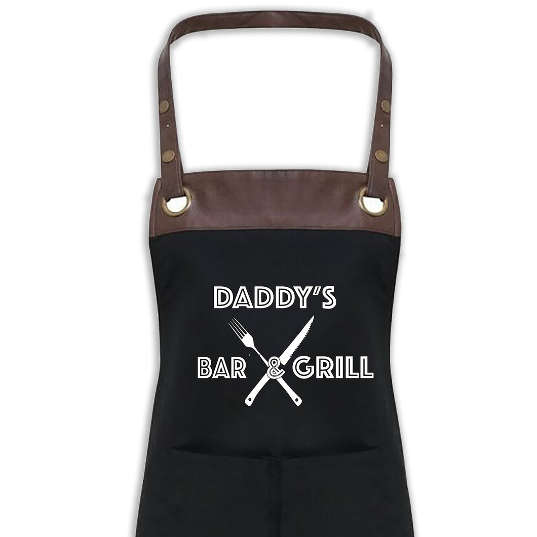 BBQ Apron with Pockets Premium Personalised Name Black Apron With Faux Leather Detail Dad, Grandad Birthday Gift UK Barbecue Apron