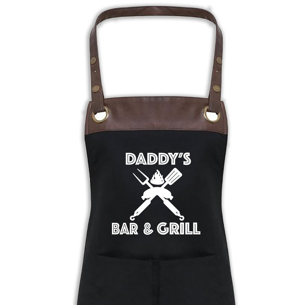 BBQ Apron with Pockets Premium Personalised Name Black Apron With Faux Leather Detail Dad, Grandad Birthday Gift UK Barbecue Apron