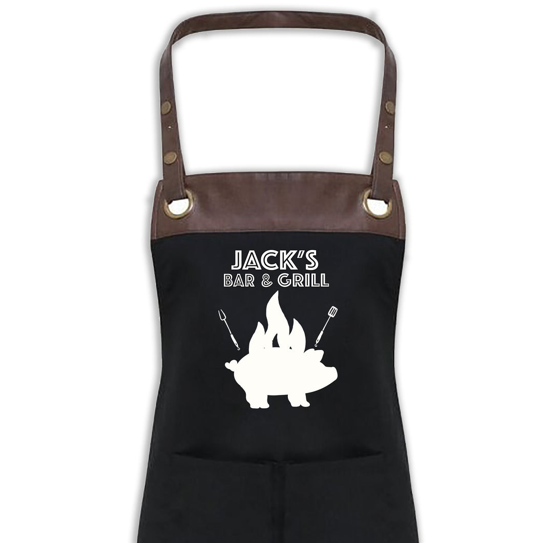 BBQ Apron with Pockets Premium Personalised Name Black Apron With Faux Leather Detail Dad, Grandad Birthday Gift UK Barbecue Apron
