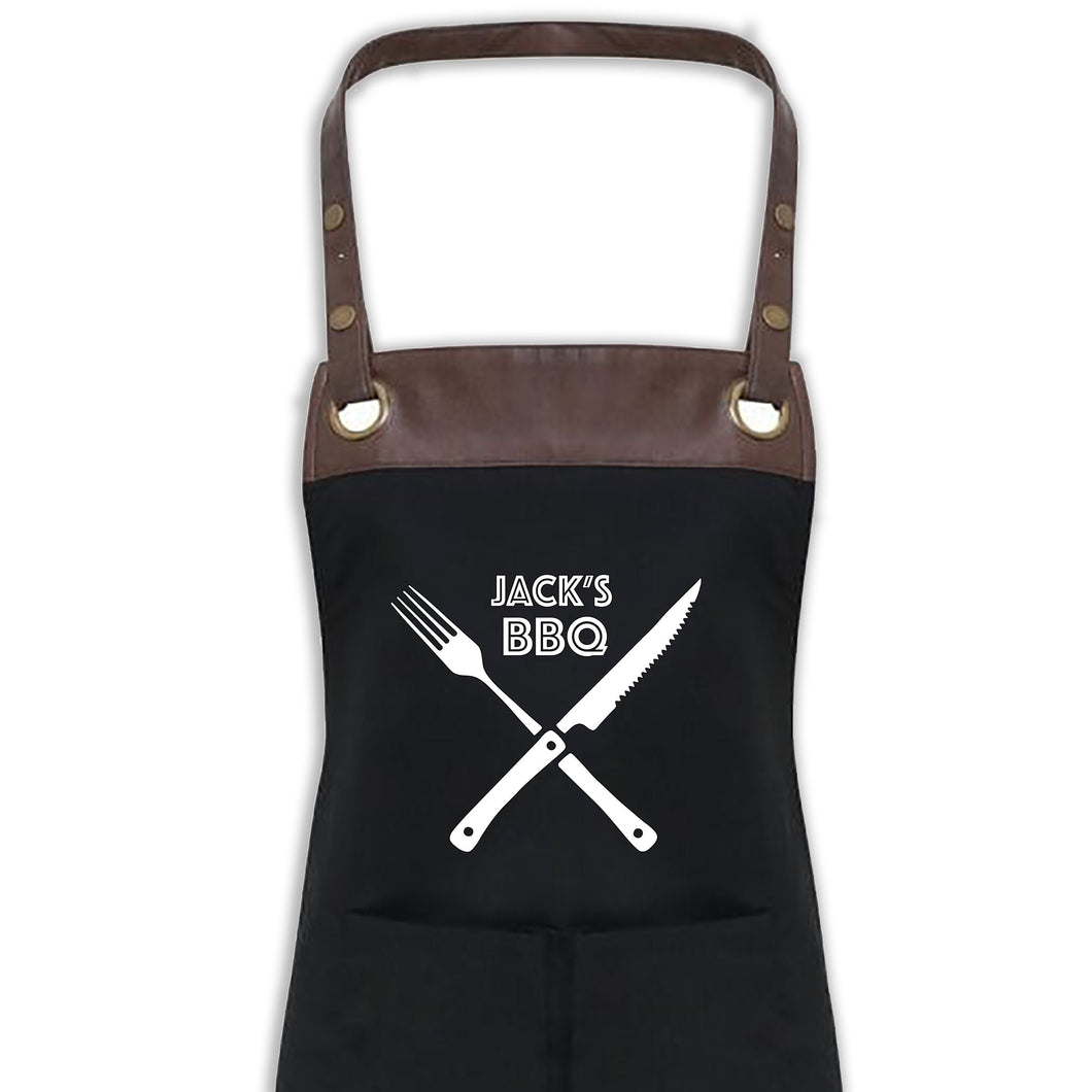 BBQ Apron with Pockets Premium Personalised Name Black Apron With Faux Leather Detail Dad, Grandad Birthday Gift UK Barbecue Apron