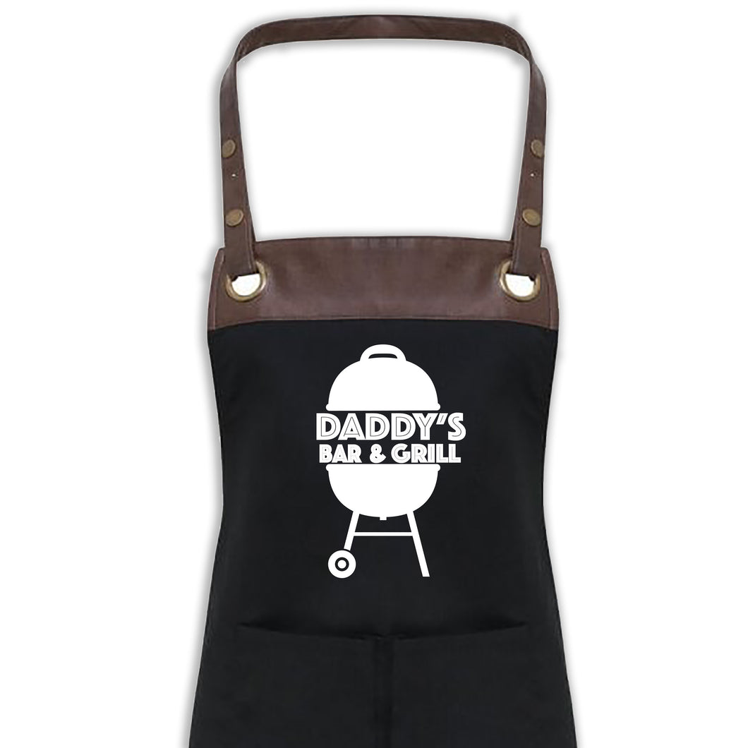 BBQ Apron with Pockets Premium Personalised Name Black Apron With Faux Leather Detail Dad, Grandad Birthday Gift UK Barbecue Apron