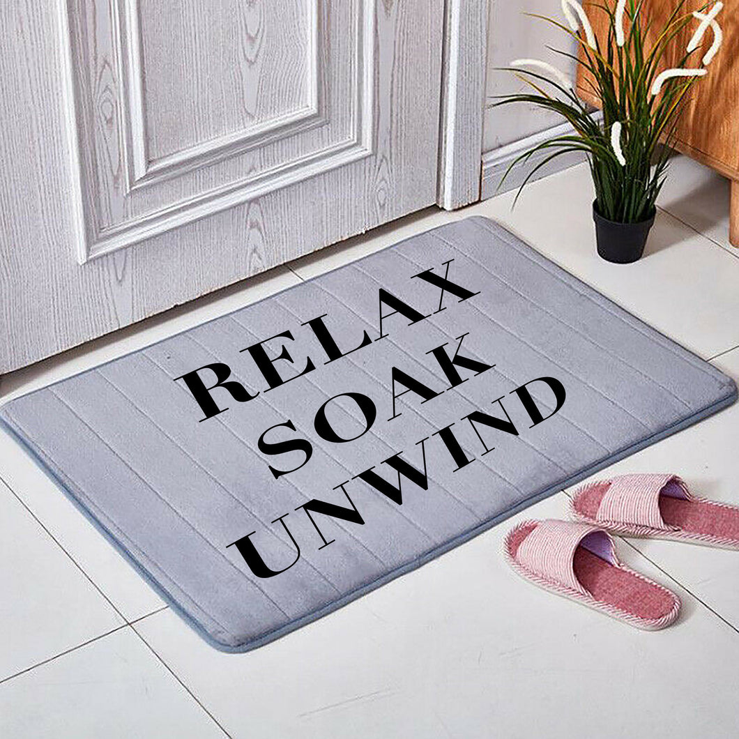 Relax Soak Unwind Microfibre Custom Floor Mat Grey Memory Foam Soft Printed in the UK Bath Mat Shower Bathroom Runner