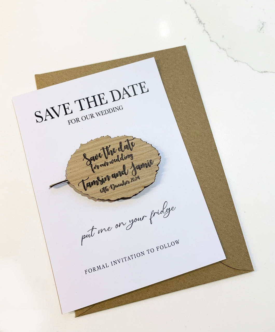 Copy of Personalised Wooden Wedding Save The Date Magnet - Leaf Shape