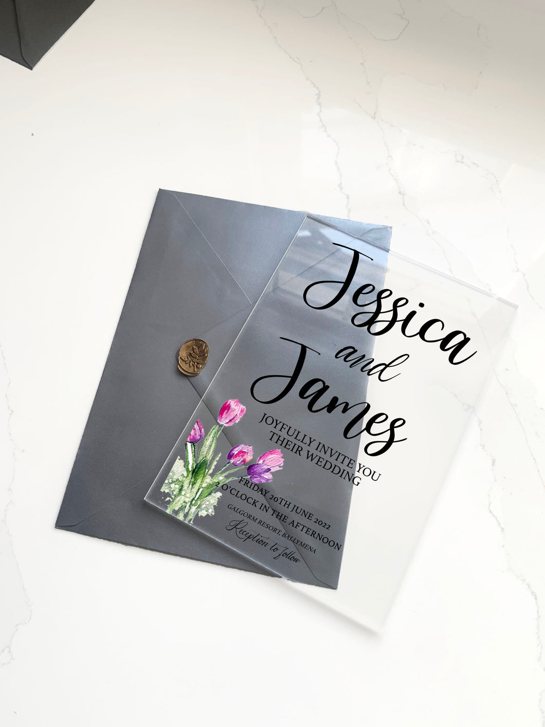 Personalised Acrylic Wedding Invitation - Tulips With Black Text
