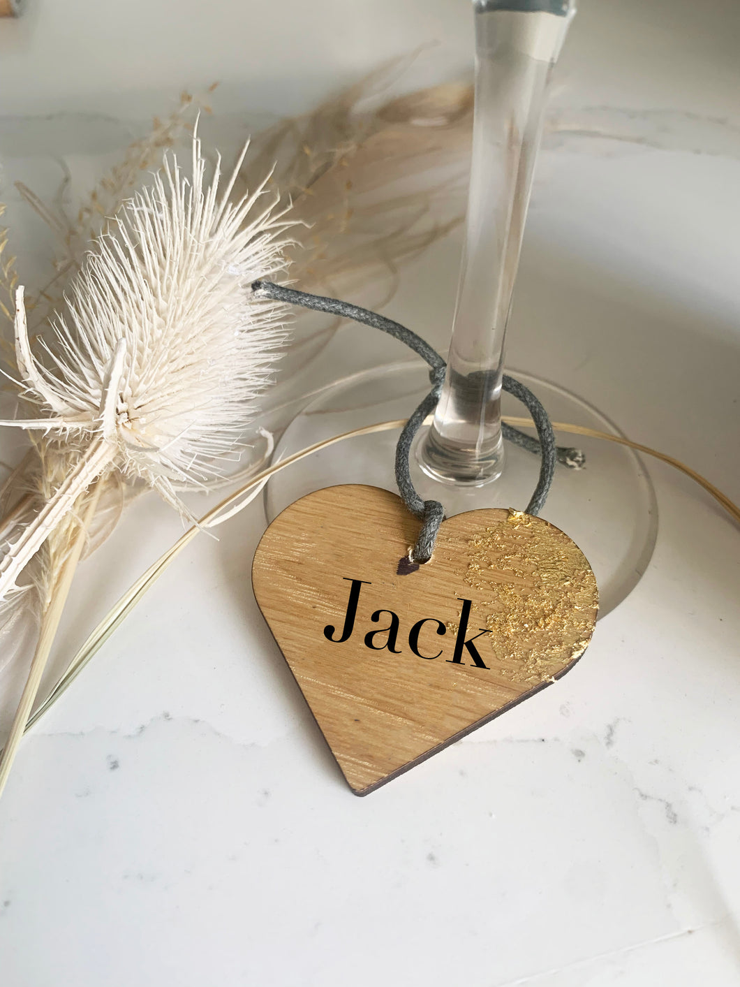 Personalised Wooden Cocktail Glass Charm Heart Shaped With Gold Leaf - Black Text