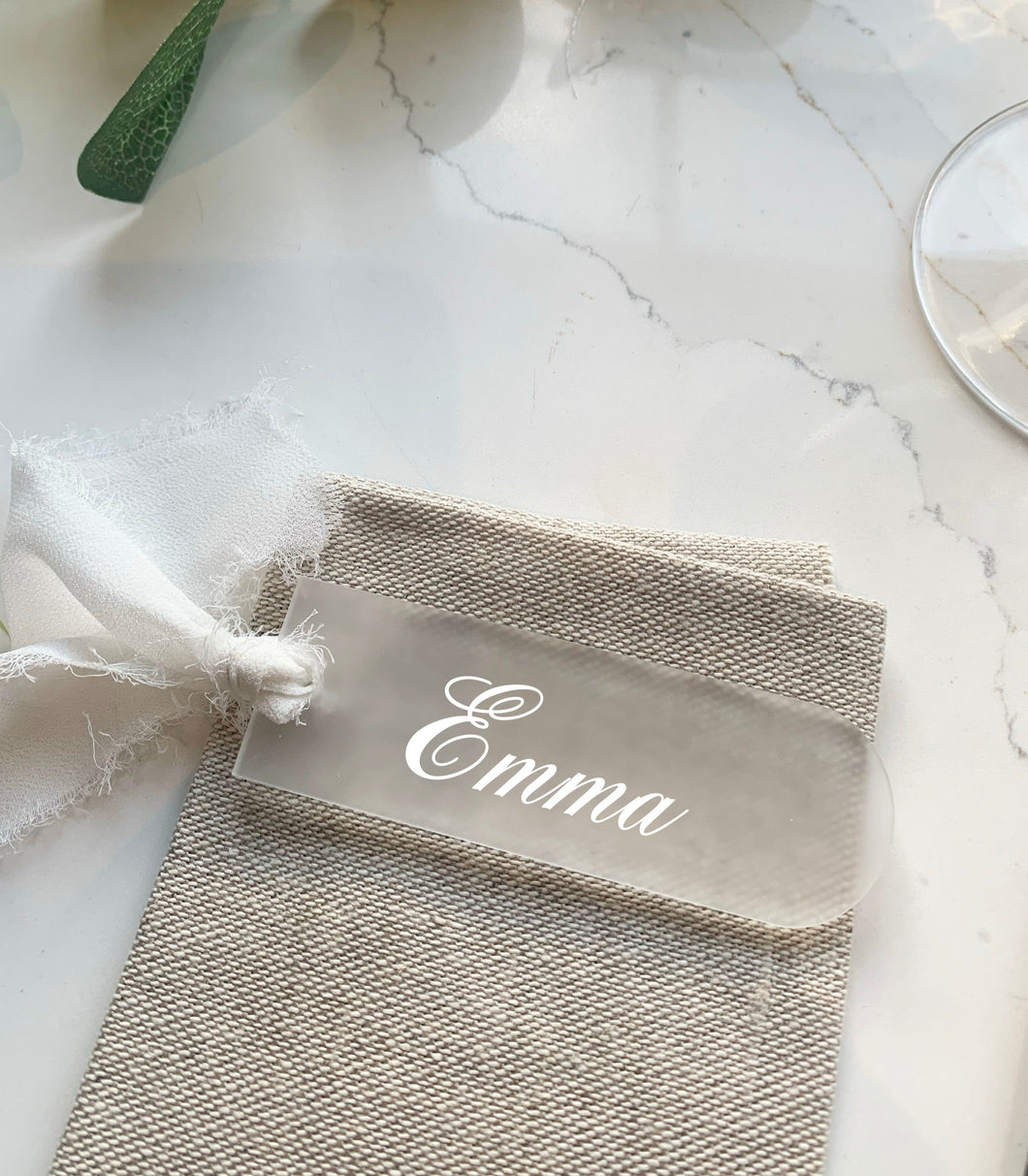 Personalised Acrylic Place Name - Rectangular With Frayed Silk Ribbon