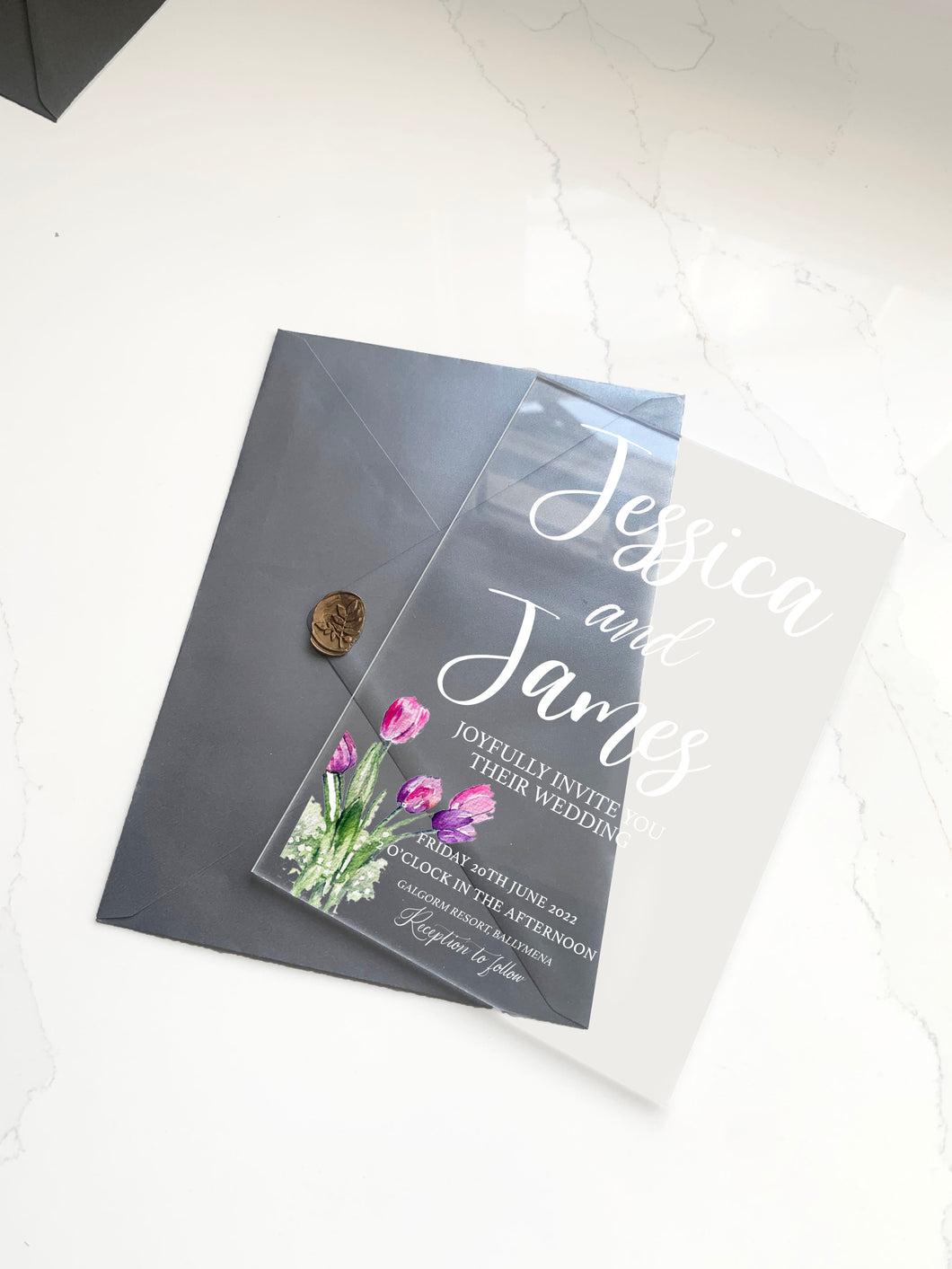 Personalised Acrylic Wedding Invitation - Tulips With White Text