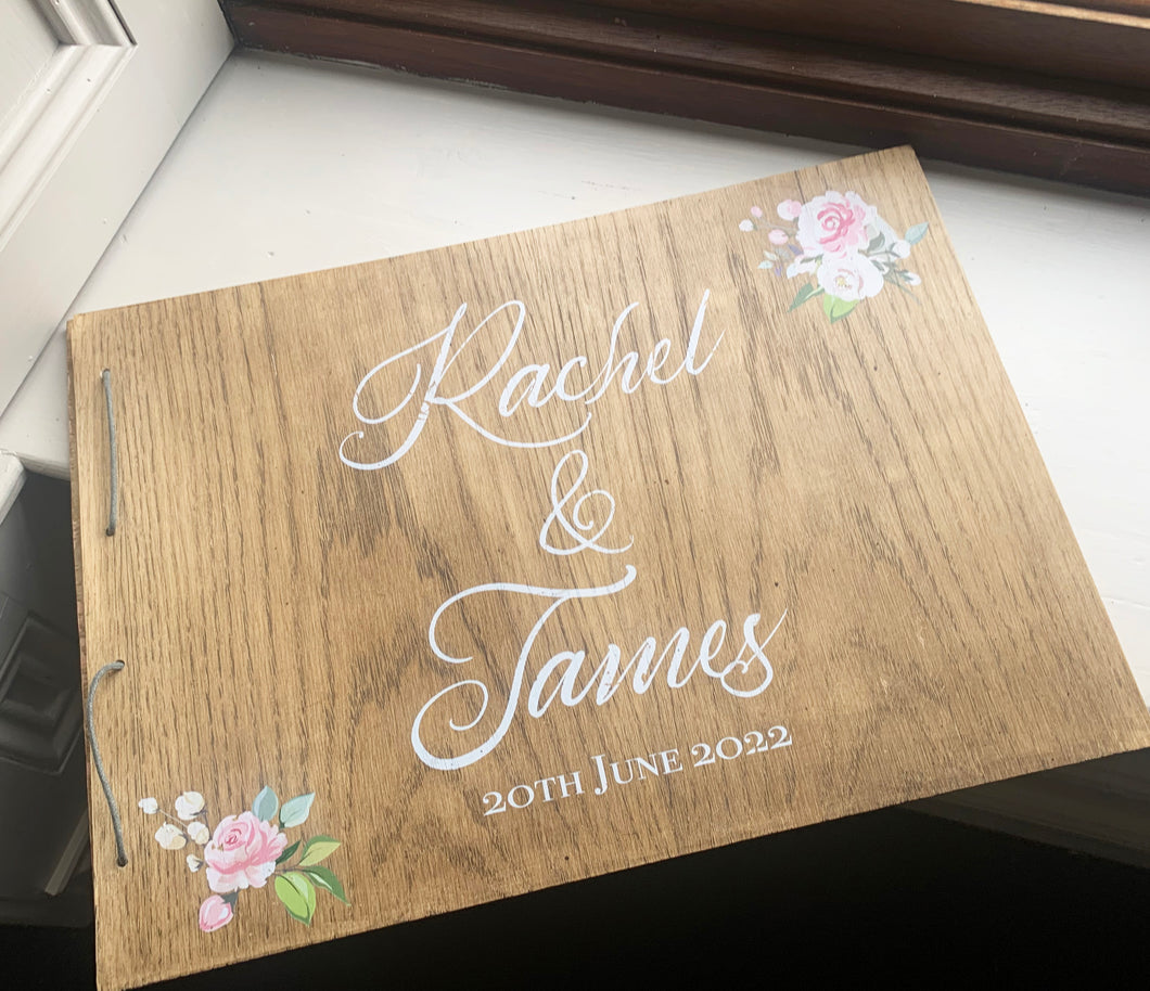 Oak Wedding Guest Book With Personalised Names and Floral Design
