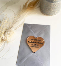 Load image into Gallery viewer, Personalised Acrylic Wedding Save The Date Magnet - Heart Shape - Black Text
