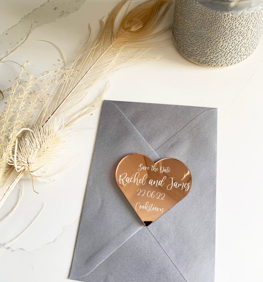 Personalised Acrylic Wedding Save The Date Magnet - Heart Shape - White Script Text