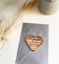 Load image into Gallery viewer, Personalised Acrylic Wedding Save The Date Magnet - Heart Shape - White Bold Text
