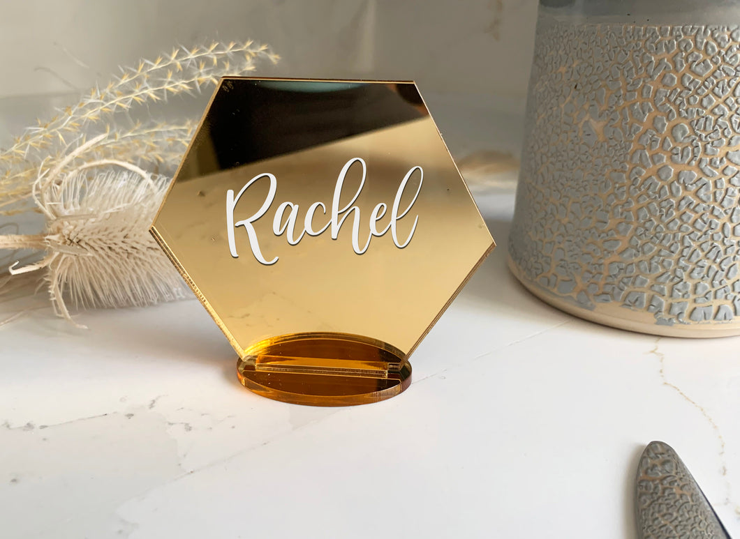 Personalised Acrylic Place Name Hexagon Shape Freestanding - White Script Text