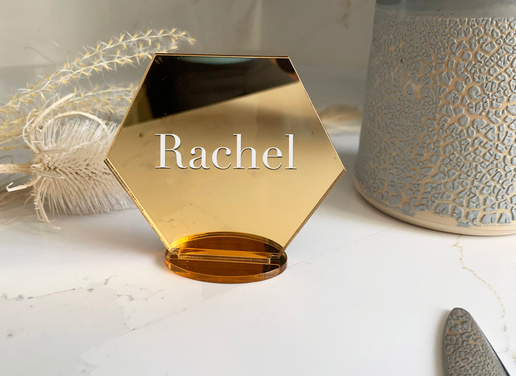 Personalised Acrylic Place Name Hexagon Shape Freestanding - White Text